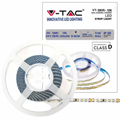 Immagine prodotto di V-TAC VT-2835 Striscia 630LED 24V 8W/mt SMD2835 137lm/w 5Mt 6500K bianco freddo IP20 - SKU 212595