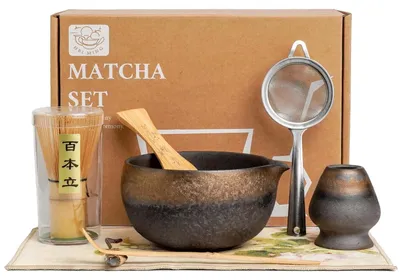 Obrázok produktu pre Sada na prípravu matcha, 8-dielna: keramická miska, bambusová metlička (chasen), sitko, lyžička, handrička, držiak, stojan na naberačku, farba: hnedá