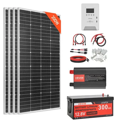 Obrázek produktu pro Kompletní solární systém VEVOR 800W, off-grid systém, včetně 4 solárních panelů monokrystalických 200W, 12,8V, 300Ah, baterie LiFePO4, 60A MPPT regulátoru nabíjení a 12V, 2000W měniče, fotovoltaický off-grid systém pro domácnost
