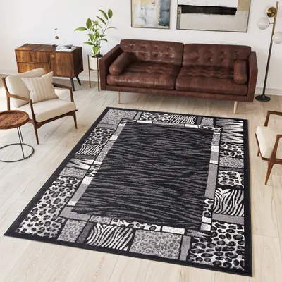 Obrázok produktu pre Koberec obývacia izba spálňa krátky vlas moderný dizajn sivá čierna krémová Afrika jaguár zebra zvierací motív škvrnitý okraj ÖKOTEX 140 x 200 cm