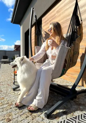 Produktbild von Izabell Hängesessel mit Gestell Stahl Hängekorb Sessel Großen Kissen Indoor - Outdoor Coffe Swing XXL (beige)