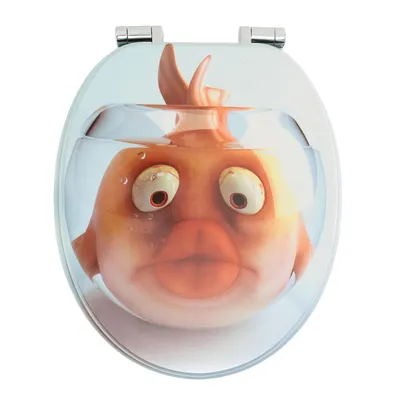 A toilet seat with a printed image of a cartoon goldfish in a fishbowl.