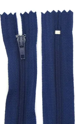 Two dark blue zippers are shown side-by-side against a white background. One zipper is partially closed, showing the slider, while the other is fully closed.