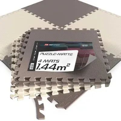 Obrázok produktu pre Sada 4 podložiek na puzzle Hop-Sport - protišmyková ochranná podložka na podlahu pre fitnes zariadenia - veľkosť 60 x 60 x 1 cm - hnedá/béžová