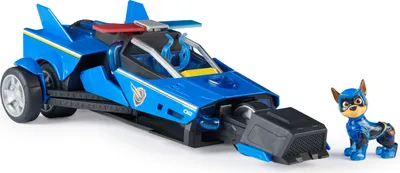 A blue toy police car with a toy dog figure next to it, on a white background.