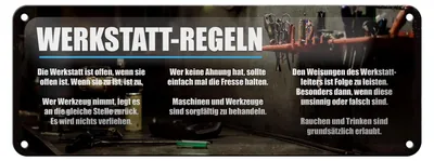 Produktbild von Blechschild Spruch 27x10cm Werkstatt Regeln offen wenn offen