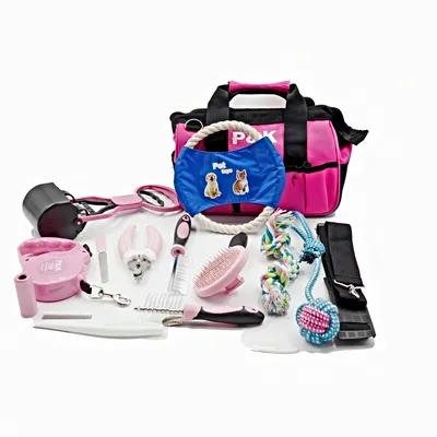 Produktbild von P & K 15-teiliges Tierpflege- und Spielset Hundeleine Hundespielzeug in Pink mit Kotgreifer– Komplettset für die Pflege und den Spaß Ihres Haustieres