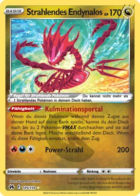 A Pokemon trading card with a red scorpion-like creature on a colorful, abstract background.