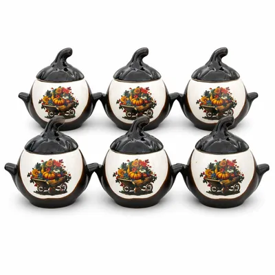 Produktbild von Keramiktopf Set Kürbisform in Braun mit Ernte-/Herbstmotiv 6St je 0,75