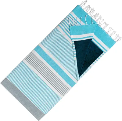 Produktbild von Hamamtuch Doppelseitiges Kikoy-Tuch & Frottee – Trendiges Hamamtuch – 100 % Baumwolle – 95 x 175 cm – Ozeanblau-Grau