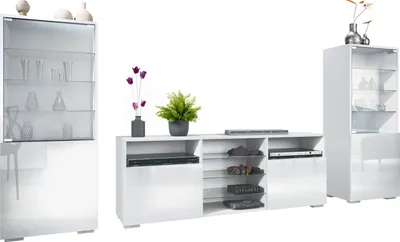 Produktbild von Vladon Wohnwand Granada, Anbauwand bestehend aus 2 Vitrinen und 1 TV-Board, Weiß matt/Weiß Hochglanz (286 x 122,5 x 35 cm)