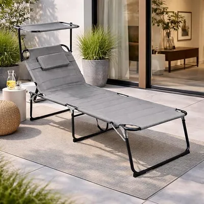 Produktbild von Gartenliege Sonnenliege Relaxliege Liege Aluminium mit Kissen und Sonnendach gepolstert klappbar Grau L200xB70xH45/95cm