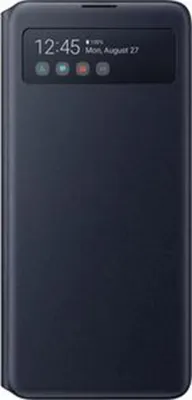 A dark blue book-style phone case with a transparent window showing the time and date.