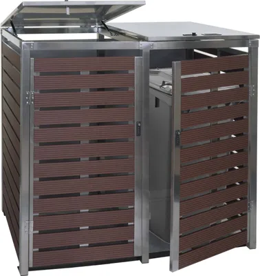 Produktbild von 2 veka na odpadky HWC-K14, box na odpadky, 119x134x84cm WPC nerezová oceľ 78kg ~ vzhľad orechového dreva