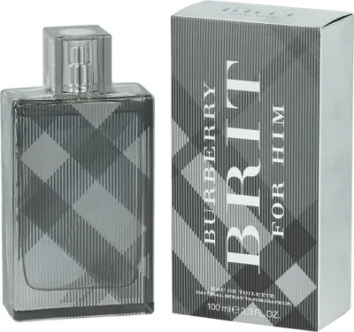 A bottle of Burberry Brit For Him Eau de Toilette and its packaging are displayed side-by-side against a white background.