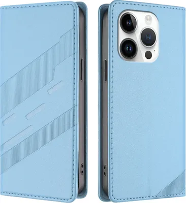Produktbild von Hülle für iPhone 14 Pro, Kunstleder Brieftaschen Handyhülle mit Kartenfach und Standfunktion Hellblau
