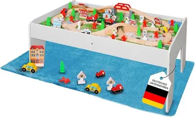 Imagen del producto de Mesa de juego con juego de trenes de madera, set de 91 piezas, para manualidades