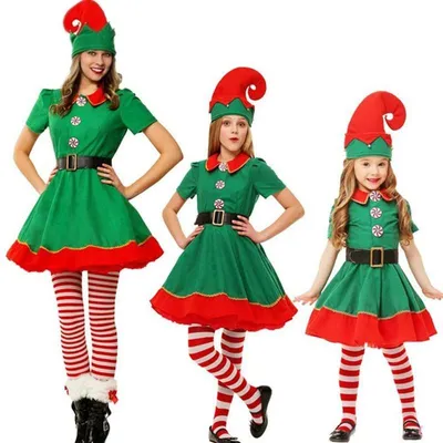 Produktbild von Weihnachtsmann Elf Kostüm Set Familie Kinder Erwachsene 130-180cm Damen