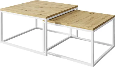 Two nesting coffee tables with wooden tops and white metal frames, shown against a white background.