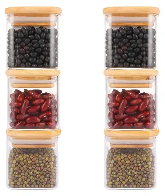Immagine prodotto di Set di 6 contenitori per spezie in vetro con coperchio in bambù, capacità 150 ml, ermetici, in vetro borosilicato, ideali per la cucina e per conservare gli alimenti