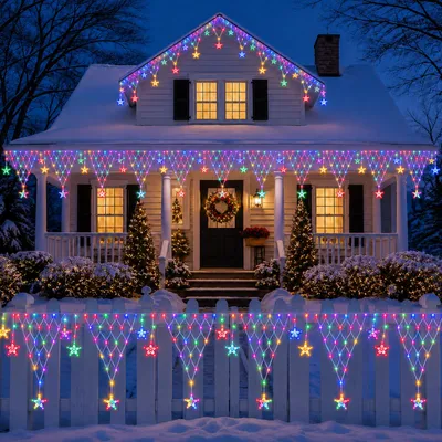 Image de Guirlande lumineuse LED en forme de rideau avec étoiles - 162 LED et 8 modes d'éclairage - Décoration de Noël pour fenêtres, murs et fêtes - Multicolore - 4 mètres