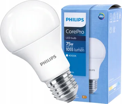 A Philips CorePro LED bulb and its packaging are shown.
