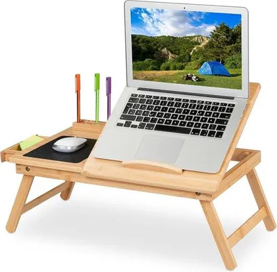 Produktbild von Zusammenklappbarer Laptop-Tisch / Betttisch – mit Bambus-Schublade und Mauspad – 175 x 62 x 34 cm
