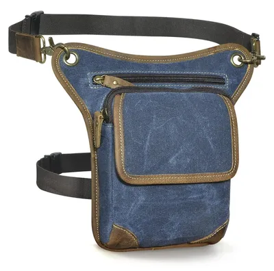 Image de Poche de hanche étanche pour moto, en toile, en cuir, pour homme, sac de jambe, couleur bleue, dimensions 16,5 x 4 x 25 cm