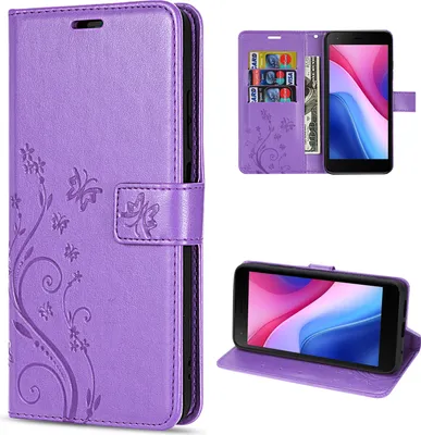 A collage of images showing a purple flip phone case with floral and butterfly designs, a phone inside the case, and a close-up of the card slots.