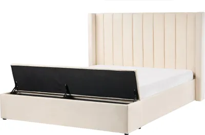 Produktbild von BELIANI Polsterbett Cremeweiß Samt Gesteppt mit Stauraum Lattenrost 160 x 200 cm Hohes Ohren Kopfteil s Doppelbett Samtbett für Schlafzimmer