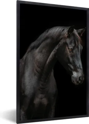 Produktbild von MuchoWow® Gerahmtes Poster Pferd - Tiere - Schwarz - Porträt 60x90 cm - Poster mit Schwarzem Bilderrahmen Wandposter Rahmen Foto Bilder - Kunst