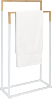 Produktbild von Relaxdays Handtuchständer, HxBxT: 86 x 44 x 21 cm, Metall, Bambus, 2 Stangen, stehender Handtuchhalter, weiß/natur