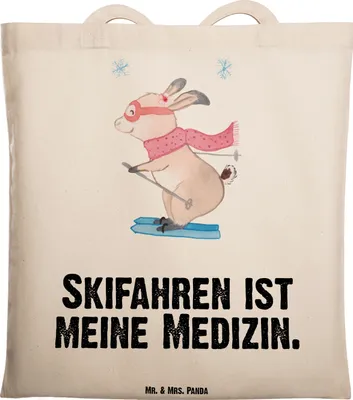 Produktbild von Mr. & Mrs. Panda Tote Bag Hase Skifahren - Transparent - Geschenk, Shopping Tasche, Schultasche, Skisport, Jutebeutel, Stoffbeutel, Skiwettbewerb, Ski fahren, Skirennen