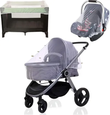 Produktbild von Universelle Insektenabwehr für Kinderwagen - Moskitonetz für Kinderwagen mit Sonnenschutz - Waschbares Moskitonetz für draußen - Weiß