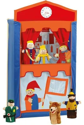 Productafbeelding van ROBA houten en stoffen poppentheater, 6 handpoppen, rood, blauw, oranje, 66x39x120 cm