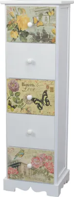 A tall, narrow white dresser with six drawers, each decorated with a vintage-style illustration.