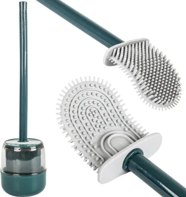 A collage of a toilet brush and its holder, with close-ups of the brush head.