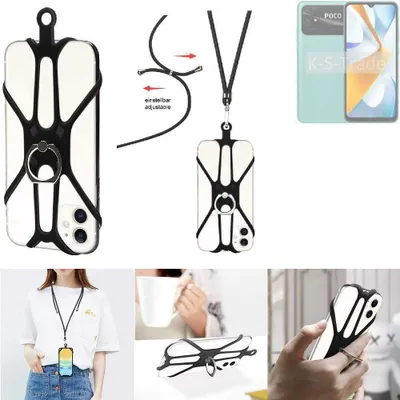Produktbild von K-S-Trade 3in1 Handykette Handyband Handykordel Halsband Smartphone-Ring Handy-Ring kompatibel mit POCO C40 Fingerhalterung Handyring Tischständer