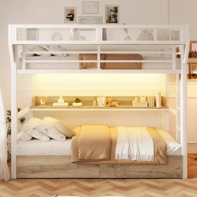 Produktbild von Metall-Etagenbett 90x200 cm mit LED-Beleuchtung, Stauraum-Schubladen und Sicherheitsgitter - Stabiles Hochbett aus Eisen & MDF mit Kopfteil, Weiß