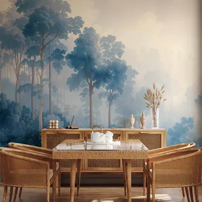 Produktbild von Vlies Fototapete - Landscape with Trees in Illustrative Style Fairy-Tale Blue Forest 150x105 cm Muster c-H-10024-a-a
