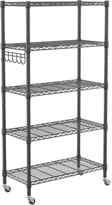 Zdjęcie produktu dla 5-poziomowa metalowa półka o regulowanej wysokości z kółkami i haczykami, wysuwana, 76x35x152 cm, czarna