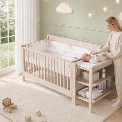 Produktbild von Merax 3-in-1 Babybett 140x70 cm, Massivholz Kinderbett, 3-fach höhenverstellbar, Beistellbett & Sofa-Modus, mit Wickeltisch, Regal, Schutzzaun, Natur