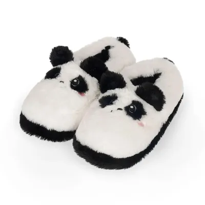 A pair of panda-themed slippers on a white background.