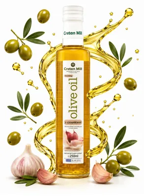 Image de Huile d'olive aromatisée Cretan Mill Extra Vierge à l'ail AOP Sitia, pressée à froid, 250 ml
