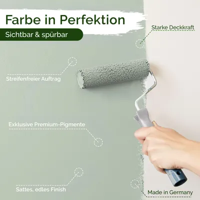 Produktbild von Wandfarbe Grün Salbeigrün Hellgrau Matt Innenfarbe – Deckkraft Klasse 1, VOC-frei, Ohne Grundierung, Tropfarm – Wohnzimmer & Schlafzimmer – 5L – Veluxis (Pale Sage)