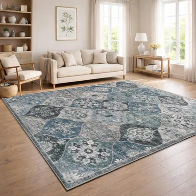 Produktbild von Vintage Boho moderner Wohnzimmerteppich Kurzflor waschbar rutschfest türkis Türkis Grösse 200x280 cm