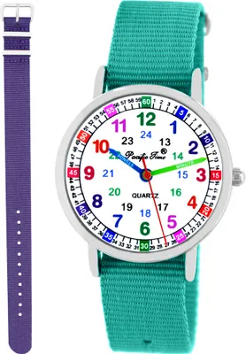 Produktbild von Kinder Armbanduhr Mädchen Jungs Lernuhr Uhrzeit lernen 2 Armband türkis + violett