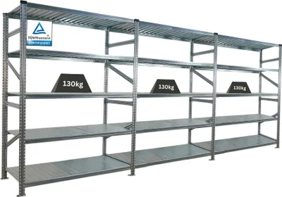 Produktbild von Fachbodenregal PROXIMO mit  Stecksystem | Komplettregal | HxBxT 200x450x70cm | 5 Ebenen | Fachlast 130 kg | Beidseitig nutzbar | Verzinkt