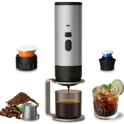 FORSMANO Tragbare Kaffeemaschine, 90 ml, 15 Bar, Kabellos, Digitale Anzeige, 7800 mAh Akku, Kompatibel mit Kapseln & Kaffeepulver, mit Ständer, Grau