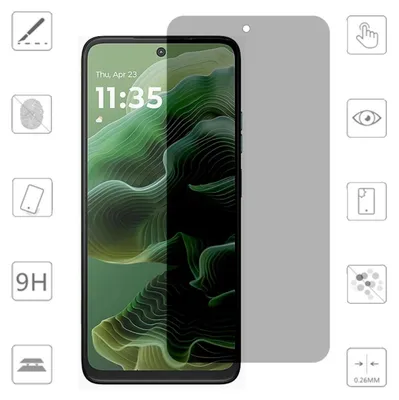 A smartphone screen protector is shown with various icons and text highlighting its features.